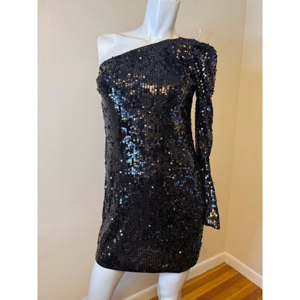 Express Black One-Shoulder Sequin Mini Dress With Long Sleeve Size 2 - Picture 2 of 8